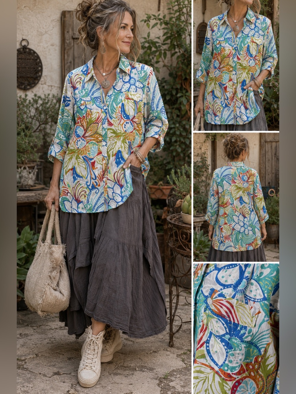 Chico’s Linen Blend Tropical Floral Tunic Shirt Size 2 Large Colorful Coastal